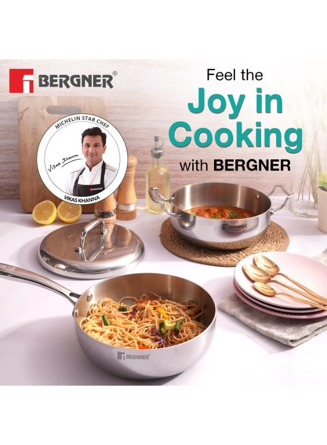 Bergner Argent Saira Saiba Triply Stainless Steel 3 Pcs Cookware Set - 22 cm (2.5 L) Multi Frypan, 22 cm (3 L) Casserole and Common Stainless Steel Lid, Cook and Serve, Less Oil Use - Induction Bottom - Image 3