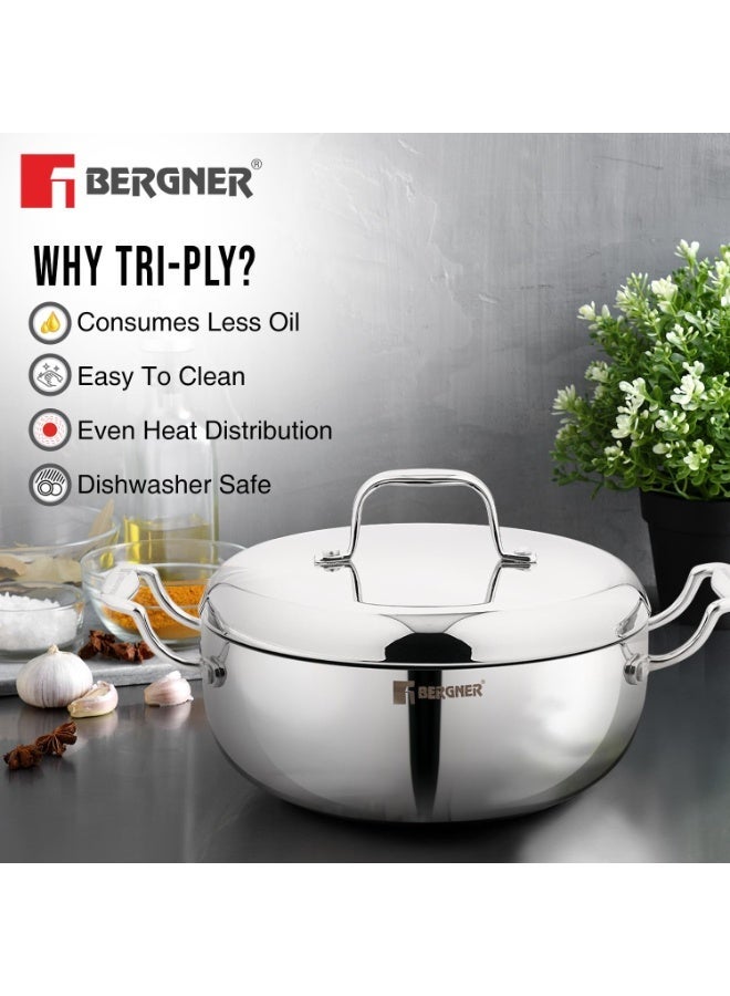 Bergner Argent Saira Saiba Triply Stainless Steel 3 Pcs Cookware Set - 22 cm (2.5 L) Multi Frypan, 22 cm (3 L) Casserole and Common Stainless Steel Lid, Cook and Serve, Less Oil Use - Induction Bottom - Image 2