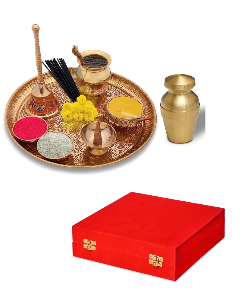 Crafty Essentials Brass Pooja Items Pooja Thali Set of 9 Pieces Traditional Pital Pooja Articles for Rituals and Ceremonies 9 inch thali with Gift Box - Image 1