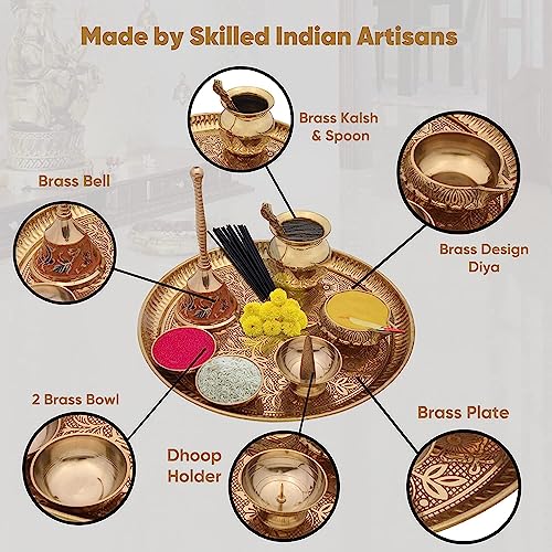 Crafty Essentials Brass Pooja Items Pooja Thali Set of 9 Pieces Traditional Pital Pooja Articles for Rituals and Ceremonies 9 inch thali with Gift Box - Image 3