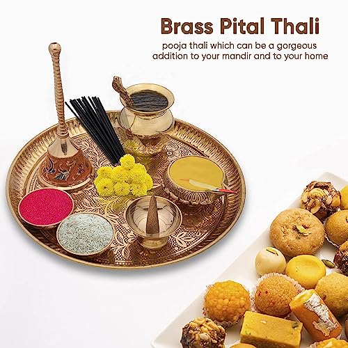 Crafty Essentials Brass Pooja Items Pooja Thali Set of 9 Pieces Traditional Pital Pooja Articles for Rituals and Ceremonies 9 inch thali with Gift Box - Image 5