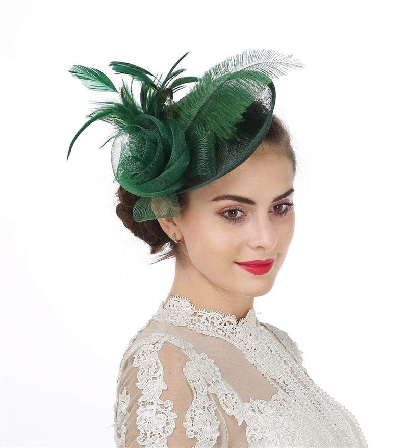 SAFERIN Fascinators for Women Hair Clip Hat Bowler Feather Flower Wedding Party St.Patrick's Day Fascinator Hat Teaï¼ˆTA4-Greenï¼‰ - Image 1