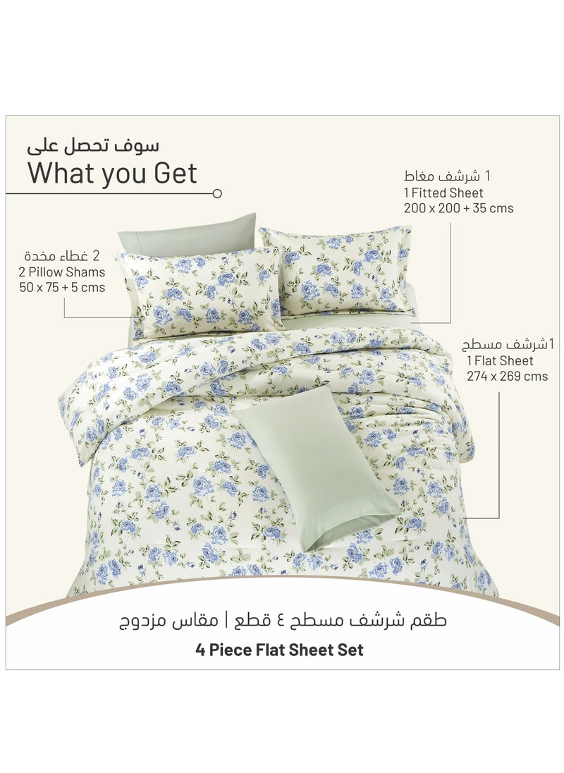 Donetella - King Size 4-Pcs Fitted Sheet Set For Luxury Bedding With Floral Print Sheet And Pillowcase Set, Green/White - Image 1