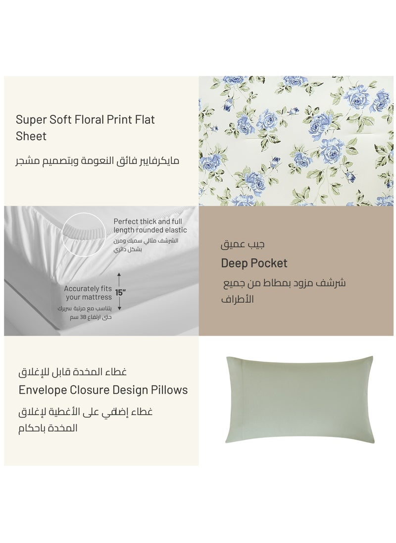 Donetella - King Size 4-Pcs Fitted Sheet Set For Luxury Bedding With Floral Print Sheet And Pillowcase Set, Green/White - Image 1