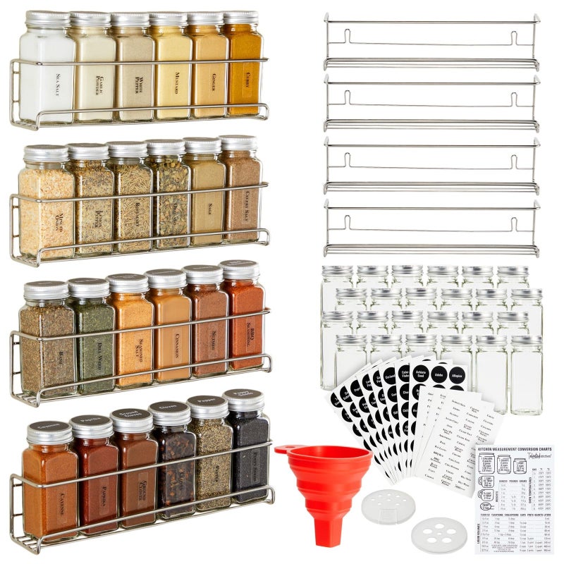 Talented Kitchen 4 Stainless Steel WallMounted Spice Racks Seasoning Organizer for Wall and Cabinet Door with 24 Pcs 4Ounce Glass Spice Jars 269 Preprinted Seasoning Labels 2 Styles