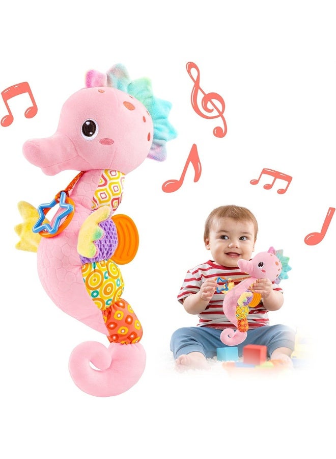 Baby Seahorse Musical Teething Toy, Soft Plush Stuffed Animal Sensory Toy with Rattle, Teether, Hanging Ring, Soother Toy for Newborn Infant 0-3-6-12 Months, Baby Shower Gift