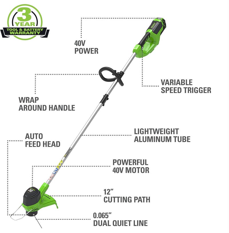 Greenworks 40V 12" Cordless String Trimmer, 0.065" Dual Line with Auto Feed, Variable Speed, Lightweight Weed Eater, 3-Year Warranty - Image 2