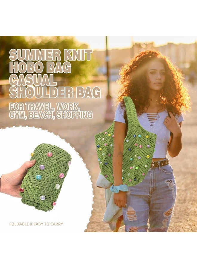 حقيبة توت شاطئية من إيكيموت بوهو كروشيه للنساء، حقيبة كتف صيفية محبوكة مع خرز ملون، حقيبة يد كاجوال مصنوعة يدويًا للسفر والعمل وصالة الألعاب الرياضية والشاطئ والتسوق (أخضر) - Image 3