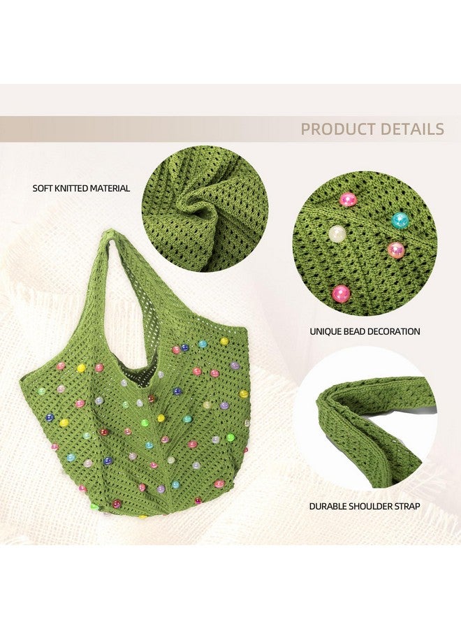حقيبة توت شاطئية من إيكيموت بوهو كروشيه للنساء، حقيبة كتف صيفية محبوكة مع خرز ملون، حقيبة يد كاجوال مصنوعة يدويًا للسفر والعمل وصالة الألعاب الرياضية والشاطئ والتسوق (أخضر) - Image 2