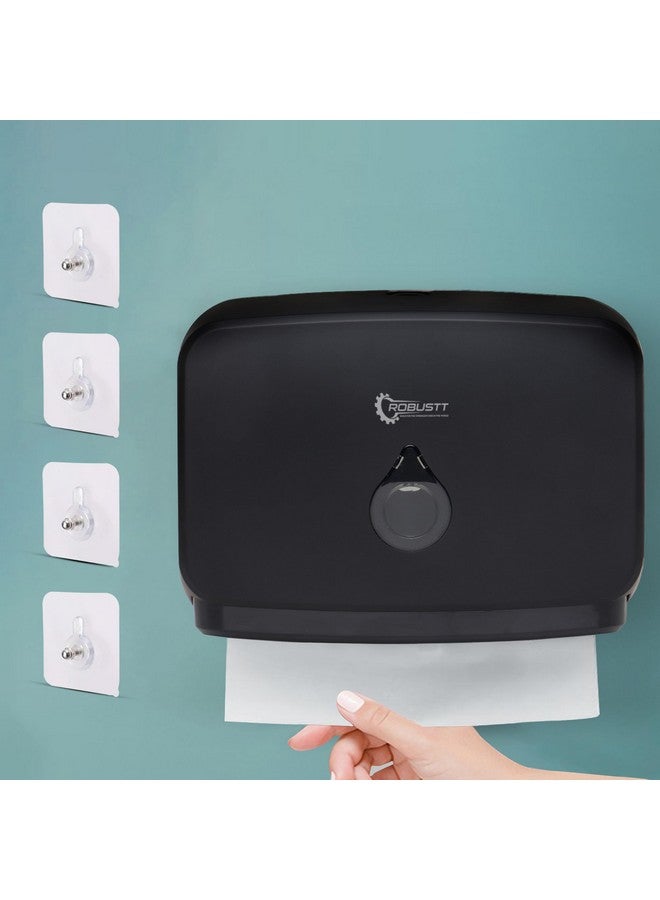 ROBUSTT موزع مناديل ورقية مطوية مثبت على الحائط Robustt V/N/M - أسود (مع 4 خطافات لاصقة) | سعة كبيرة | مادة ABS متينة | مقاوم للماء | قفل زر الضغط (عبوة من 1) - Image 1