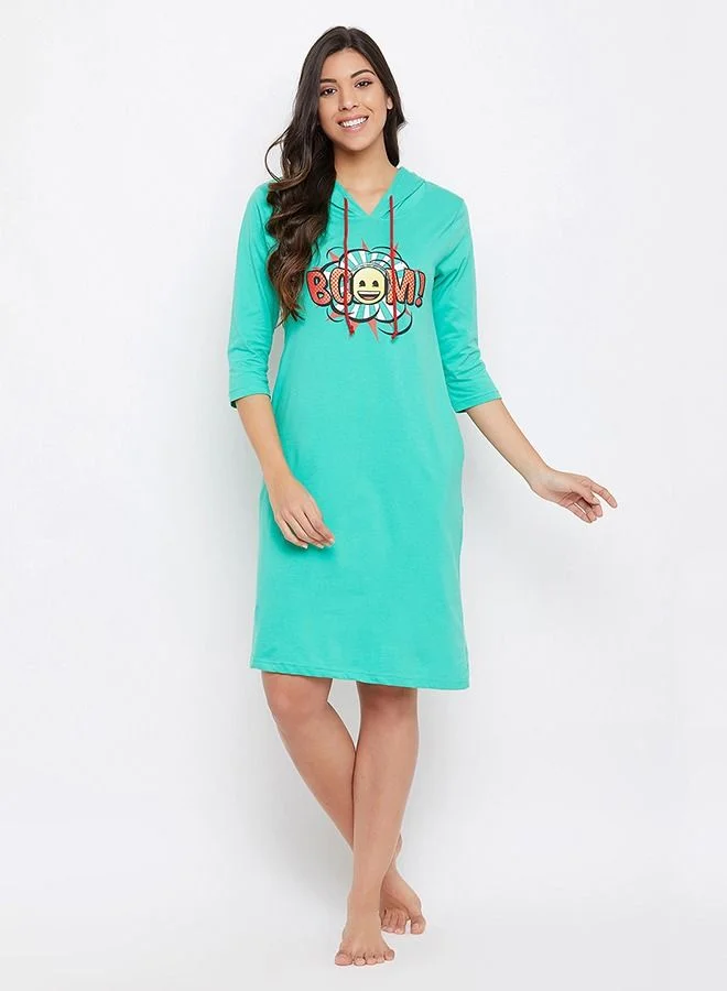كلوفيا Clovia Emoji Print Hooded Sleep Tee in Sea Green - 100% Cotton