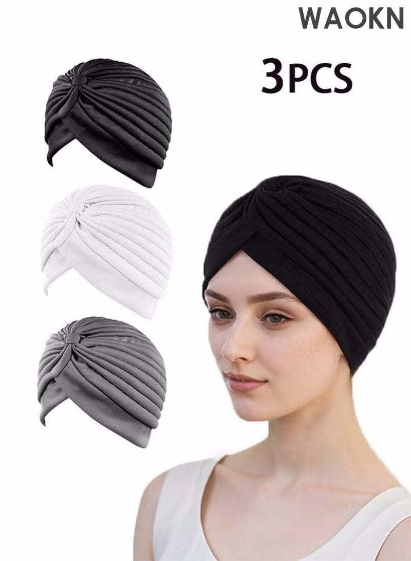 WAOKN 3 Pieces Turbans for Women No Snag Scarf Soft Turban Head Wrap Pleated Beanie Cap  For Home Wear Dinners Or Events Hat Cap Bone Bonnet Secure and Elegant for Daily and Eid Wear - Image 1