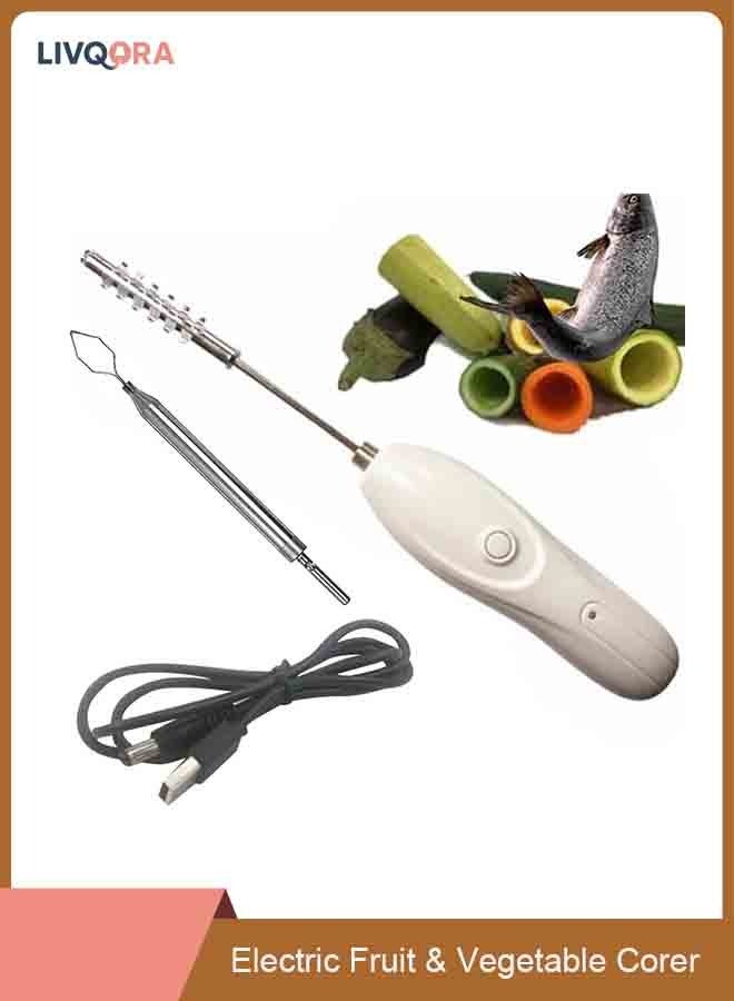 LIVQORA Electric Fruit & Vegetable Corer – Rechargeable 30W Veggie Drill with 2 Cutter Heads, Stainless Steel Core Remover & Fish Scale Scraper for Zucchini, Cucumbers, and More (White) - Image 1