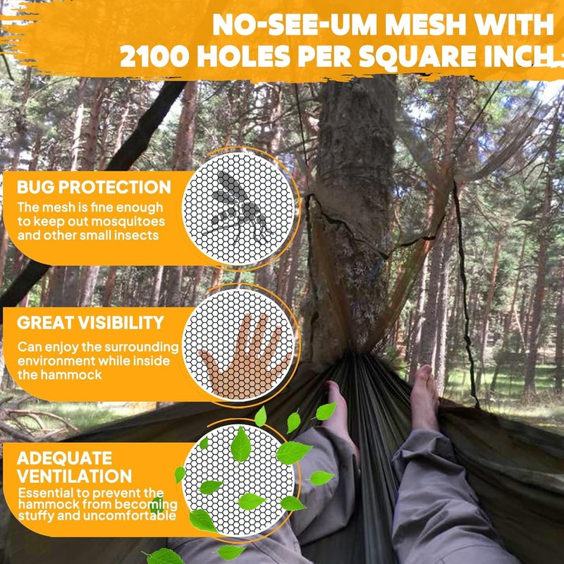 NATUREFUN Camping Hammock with Bug Net | 300kg Load Capacity,(300 x 200 cm) Breathable,Quick-drying Parachute Nylon Travel Hammock | 2 x Premium Carabiners,4 x Slings Included | Outdoor Indoor Garden - Image 5