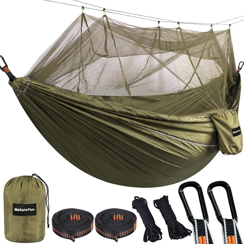 NATUREFUN Camping Hammock with Bug Net | 300kg Load Capacity,(300 x 200 cm) Breathable,Quick-drying Parachute Nylon Travel Hammock | 2 x Premium Carabiners,4 x Slings Included | Outdoor Indoor Garden - Image 1