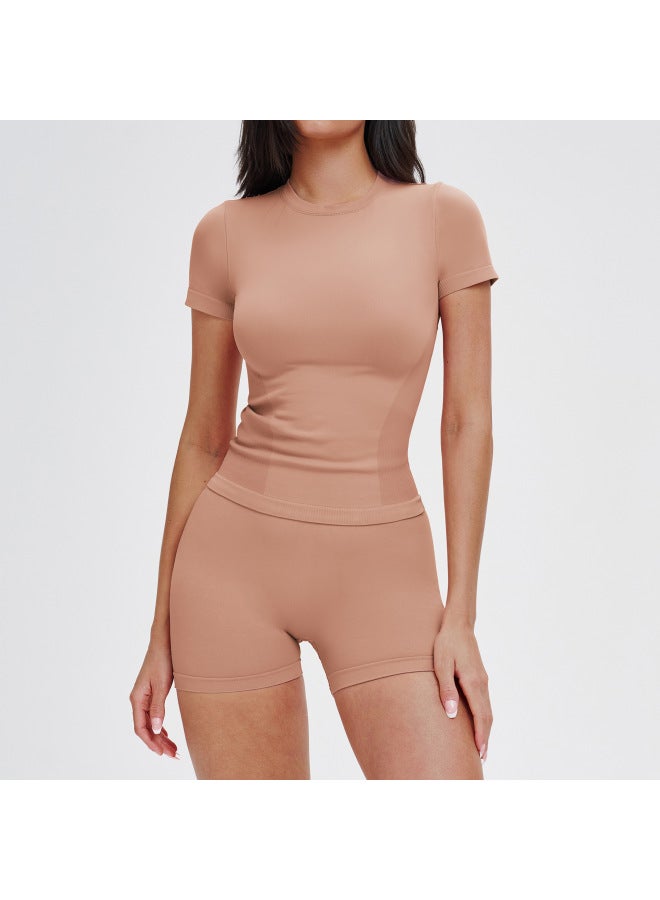 Seamless Sports Suit Round Neck Comfortable Fitness Yoga Set Outdoor Running Sports Fitness Clothing For Women 5081