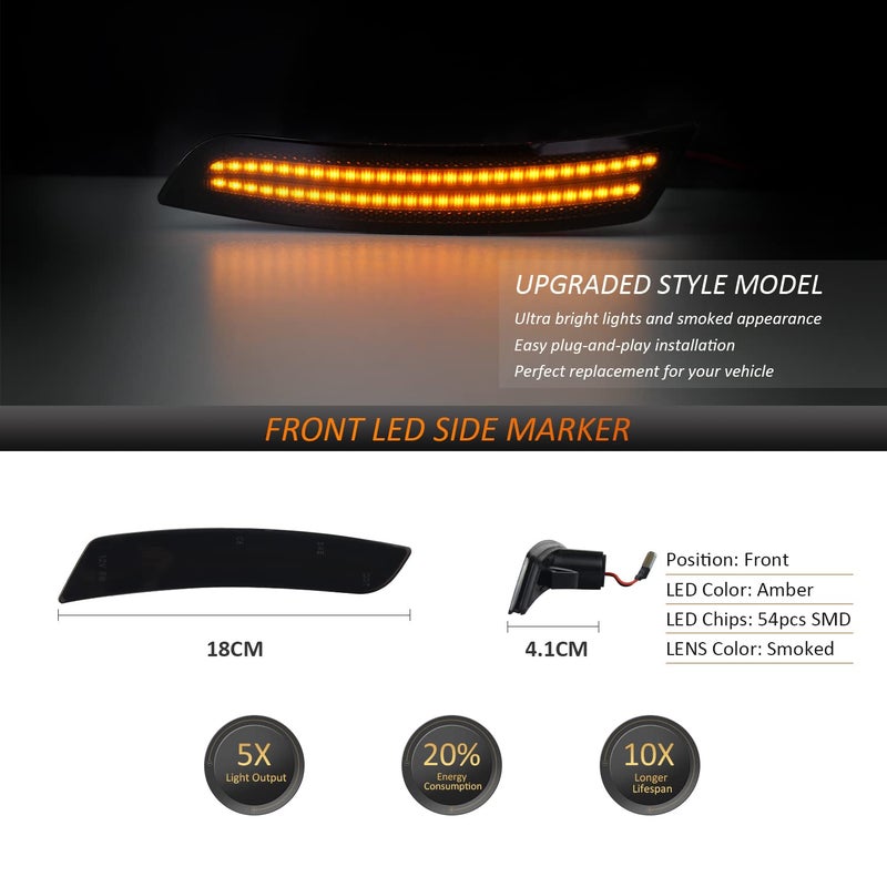 Bestview أفضل عرض أضواء علامة جانبية LED مدخنة أمامية وخلفية معكوسات جانبية حمراء وبرتقالية متوافقة مع شيفروليه كامارو 2016 إلى 2021، كاديلاك CTS 2014 وما فوق، كاديلاك ATS 2015 وما فوق، عبوة من 4 - Image 2