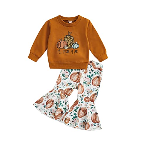 wybzd Baby Girl Halloween Outfit Pumpkin Pie Crewneck Sweatshirt Shirt Top Bell-Bottom Pants Sets Cute Toddler Clothes Pumpkin Fall Brown 18-24 Months - Image 1