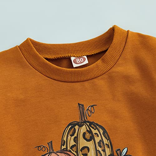 wybzd Baby Girl Halloween Outfit Pumpkin Pie Crewneck Sweatshirt Shirt Top Bell-Bottom Pants Sets Cute Toddler Clothes Pumpkin Fall Brown 18-24 Months - Image 2