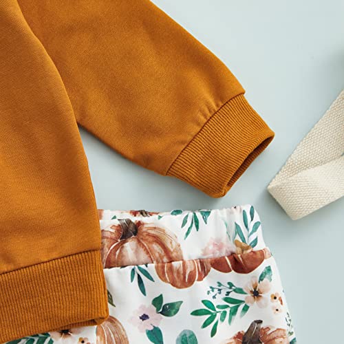 wybzd Baby Girl Halloween Outfit Pumpkin Pie Crewneck Sweatshirt Shirt Top Bell-Bottom Pants Sets Cute Toddler Clothes Pumpkin Fall Brown 18-24 Months - Image 3