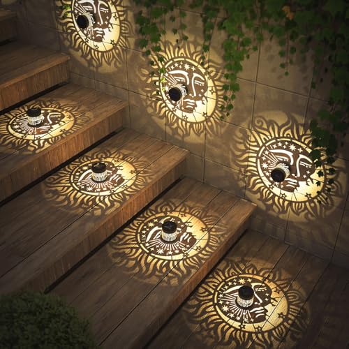 gardencave 4 Pack Solar Fence Lights Metal Solar Powered Outdoor Wall Deck Step Lights Sun Moon Theme Waterproof Fence Light for Garden Post Patio Backyard Yard Decor, Gardening Gifts for Women Mom Grandma - Image 5