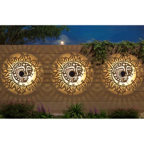 gardencave 4 Pack Solar Fence Lights Metal Solar Powered Outdoor Wall Deck Step Lights Sun Moon Theme Waterproof Fence Light for Garden Post Patio Backyard Yard Decor, Gardening Gifts for Women Mom Grandma - Image 3