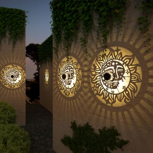 gardencave 4 Pack Solar Fence Lights Metal Solar Powered Outdoor Wall Deck Step Lights Sun Moon Theme Waterproof Fence Light for Garden Post Patio Backyard Yard Decor, Gardening Gifts for Women Mom Grandma - Image 4