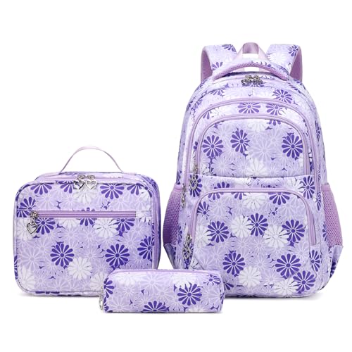 ZHIERNA Daisy Backpack for Girls Toddler Tie Dye Bookbag with Lunch Bag Preschool Simple Modern Backpack School 3pcs Set Lightweight Elementary Book bag GirlPurple - Image 1