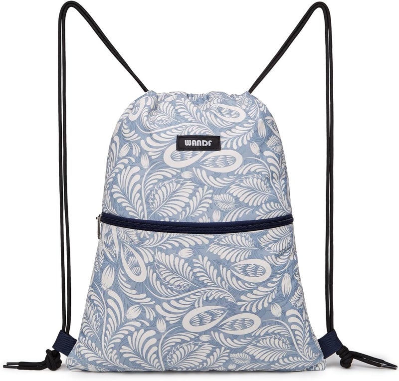 WANDF Drawstring Backpack String Bag Sackpack Cinch Water Resistant Nylon for Gym Shopping Sport Yoga (Light Blue Leaf with zipper) - Image 1