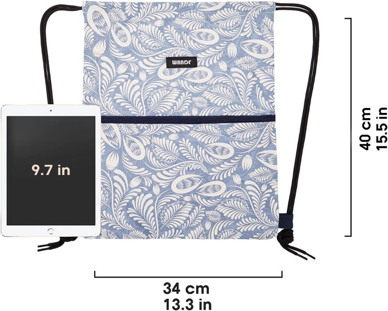 WANDF Drawstring Backpack String Bag Sackpack Cinch Water Resistant Nylon for Gym Shopping Sport Yoga (Light Blue Leaf with zipper) - Image 4