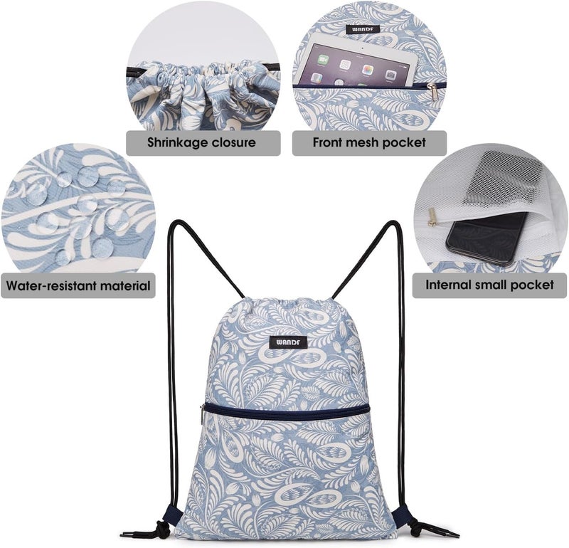 WANDF Drawstring Backpack String Bag Sackpack Cinch Water Resistant Nylon for Gym Shopping Sport Yoga (Light Blue Leaf with zipper) - Image 3