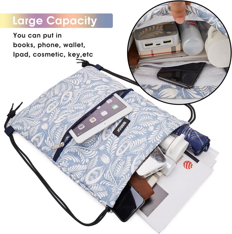 WANDF Drawstring Backpack String Bag Sackpack Cinch Water Resistant Nylon for Gym Shopping Sport Yoga (Light Blue Leaf with zipper) - Image 2