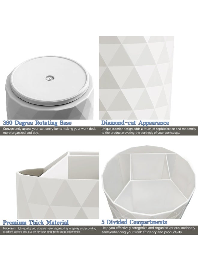 White 360° Rotating Diamond Surface Pen Holder, 5 Slots Large Capacity Desk Pencil Organizer Storage Cup for Office School Home - Image 4