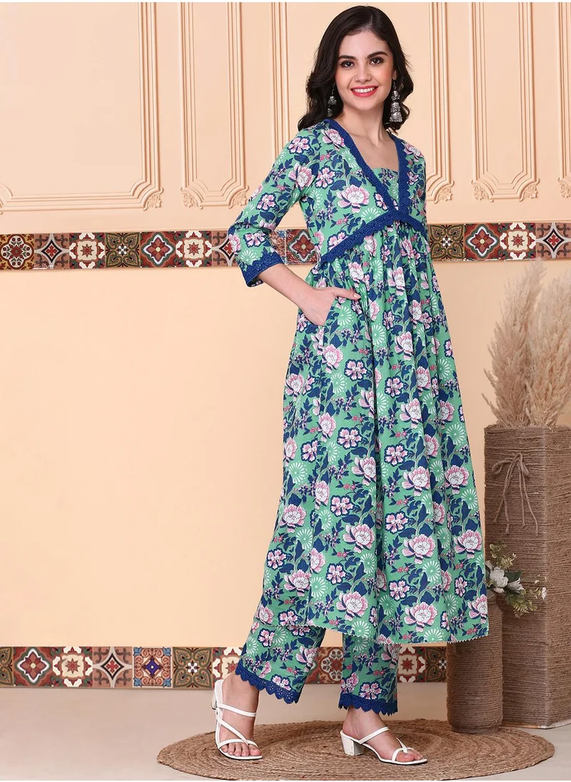 آي شين Anarkali Fit Printed Pattern Round Neck Three-Quarter Sleeves Teal Blue Colour Knitted Cotton Kurta Set Without Dupatta for Women with Semi Elastic Closure - An Ideal Pick for Any Occasion