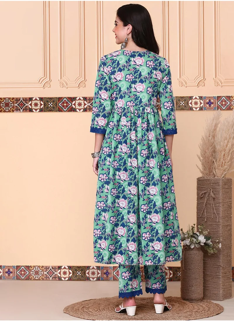 ISHIN Anarkali Fit Printed Pattern Round Neck Three-Quarter Sleeves Teal Blue Colour Knitted Cotton Kurta Set Without Dupatta for Women with Semi Elastic Closure - An Ideal Pick for Any Occasion