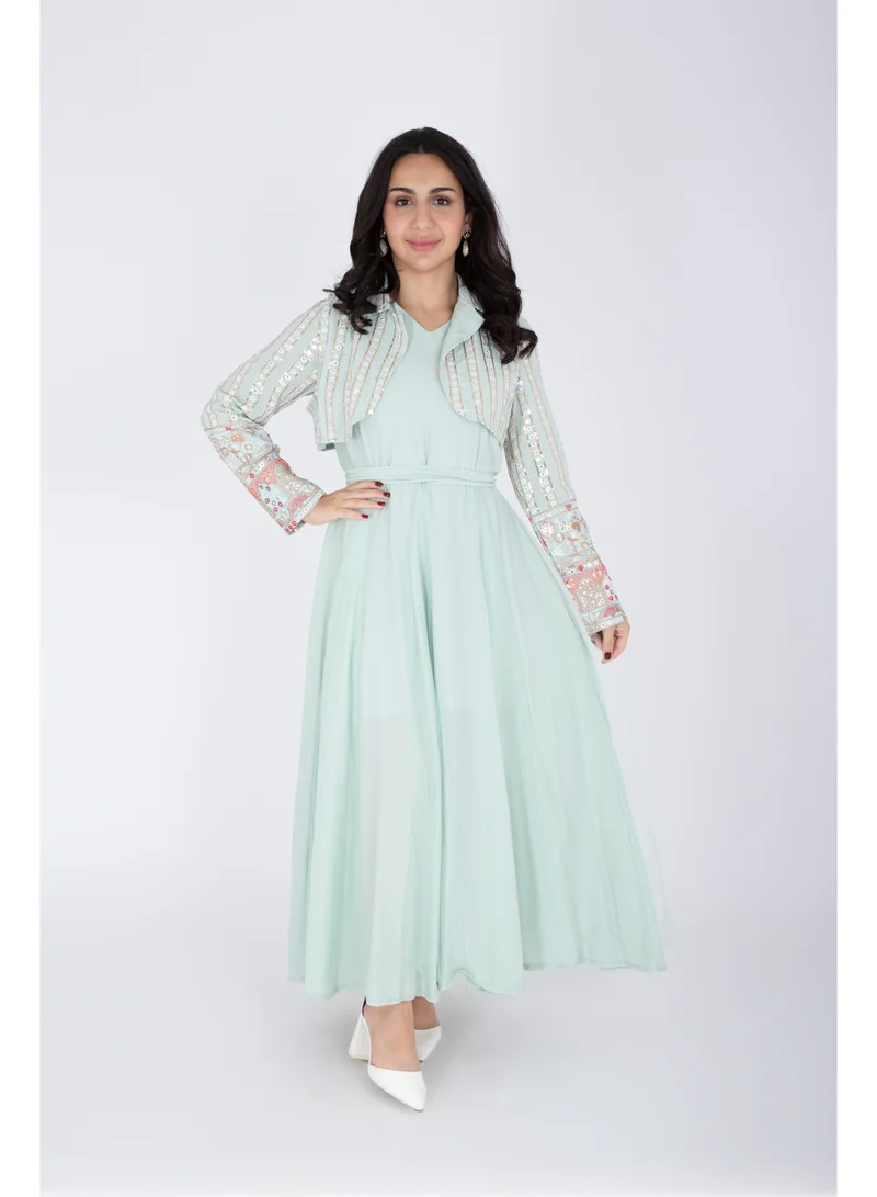 IKKXA 2 Piece Modern Patterned Embroidery Dress IK6020 Green