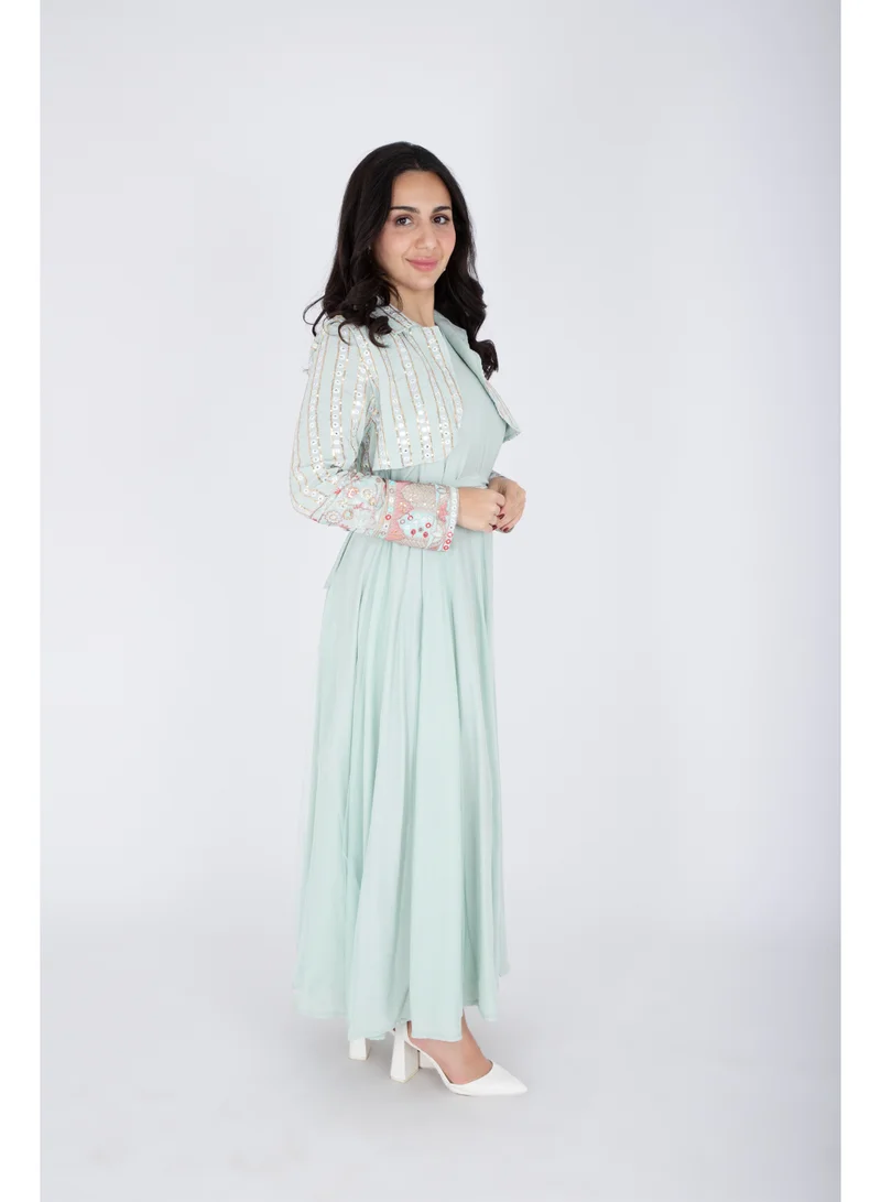 IKKXA 2 Piece Modern Patterned Embroidery Dress IK6020 Green