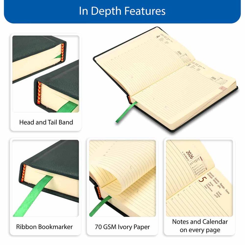 FIS مفكرة FIS الدولية 2026 A5، 148x210 مم، غلاف إيطالي PU مبطن من جانب واحد، زوايا مدورة، تنسيق يوم واحد في الصفحة، 7 لغات متعددة، ورق عاجي 70 جرام، غلاف أخضر - FSDI136-7P26GR - Image 5