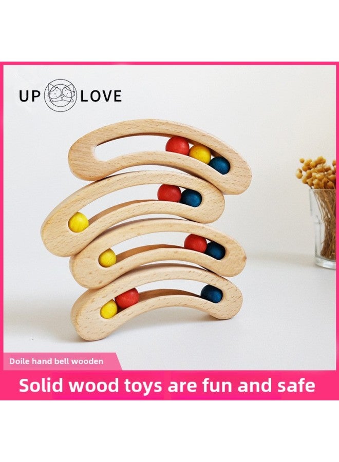 Bedside Hand-cranking Wooden Bell Infant Beech Enlightenment Teaching Aids Pod Hand Rattle Exercise Hand-eye Coordination Ability-Color:Smiley Face Gear Holder - Image 2