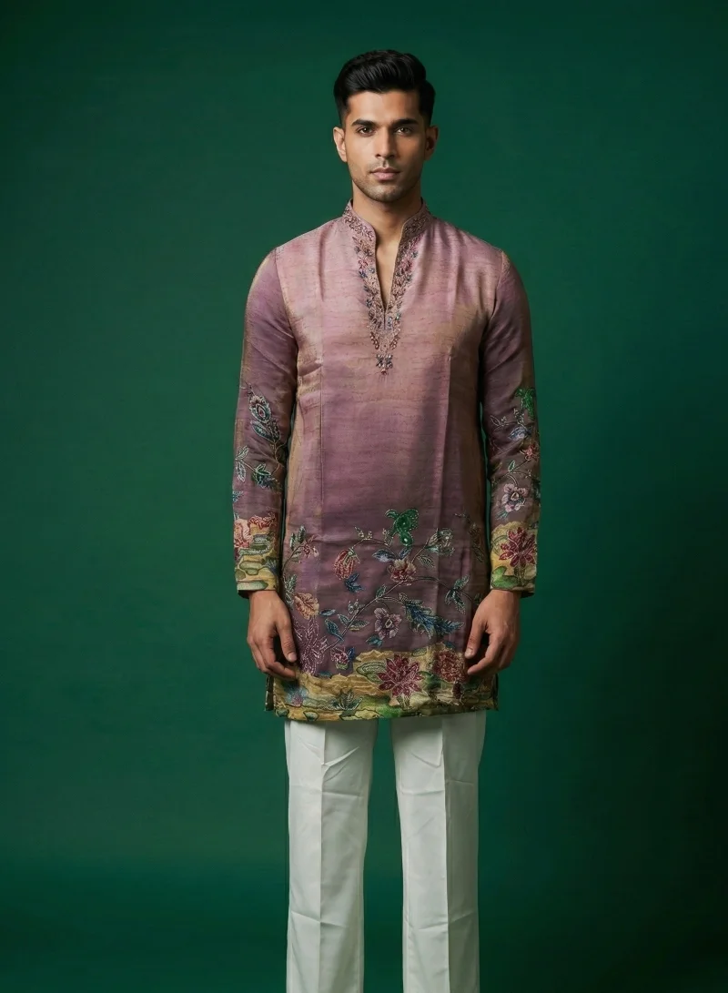 Lehar Men’s Mauve Silk Kurta with Vibrant Floral Appliqué & Sleeve Embroidery