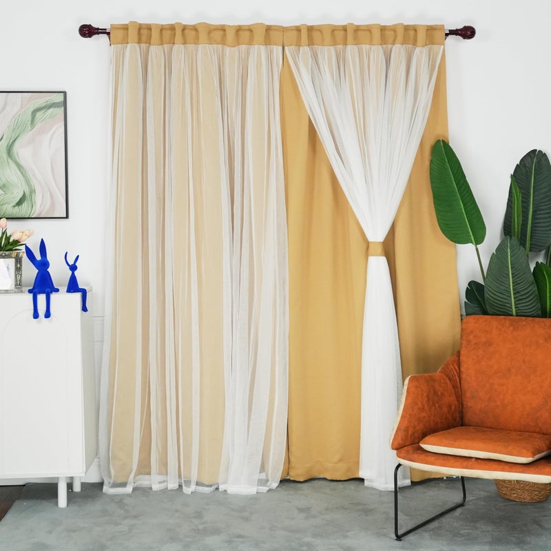 INLINAS 52 x 84 Inches Gold Blackout Curtains with Sheer Overlay - Back Tab and Rod Pocket Thermal and Noise Reduction Panels for Bedroom and Living Room Light Blocking and Energy Saving, Set of 2 - Image 1