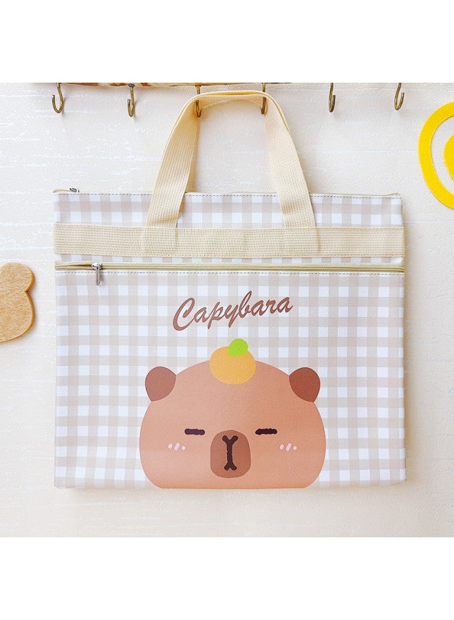 Cartoon Double Zipper Plaid File Bag Student Tutorial Bag Kuli Handbag Pu Leather Storage Bag