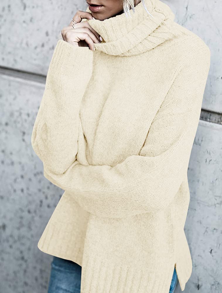 FISACE Womens Oversized Turtleneck Pullover Sweater Cable Knit Long Sleeve Sweater Tops A-White - Image 3
