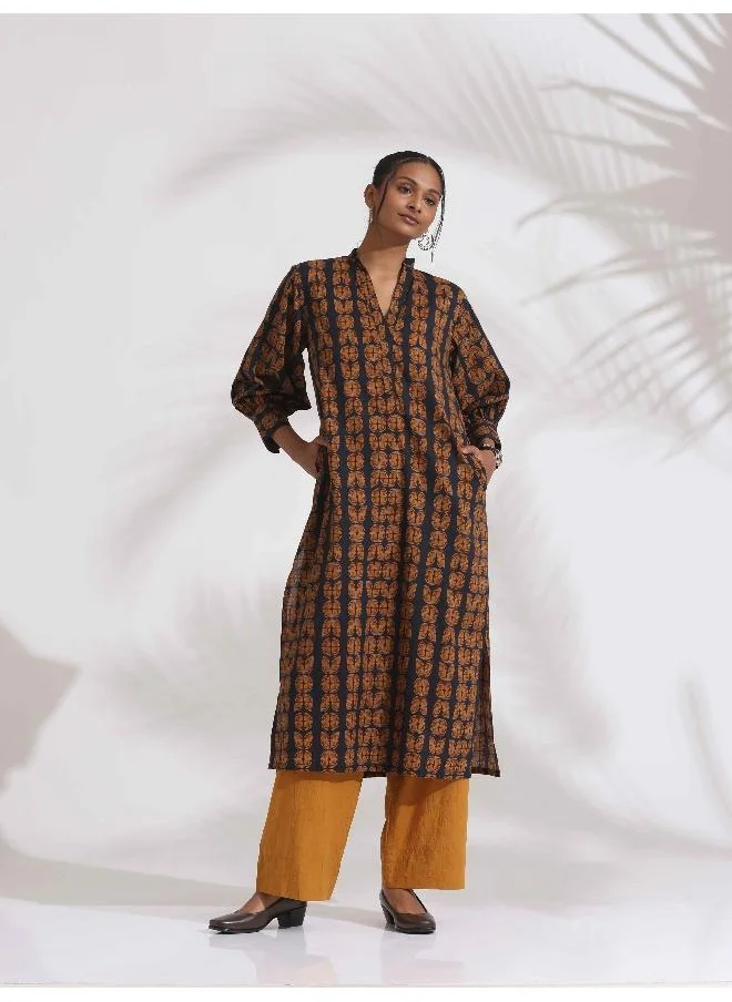 ترو برونز trueBrowns Black Cotton Print Straight Kurta Set