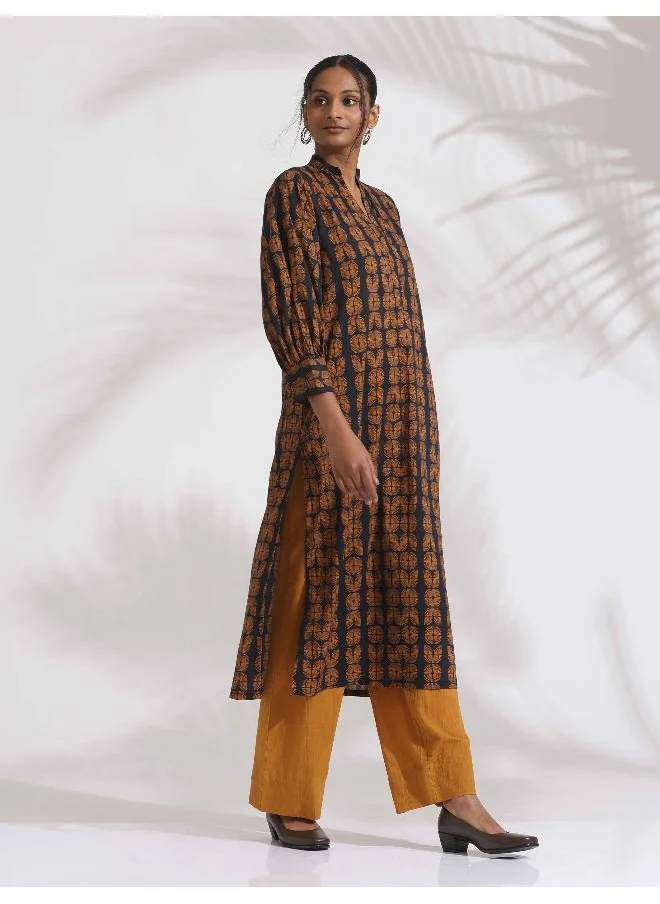 ترو برونز trueBrowns Black Cotton Print Straight Kurta Set