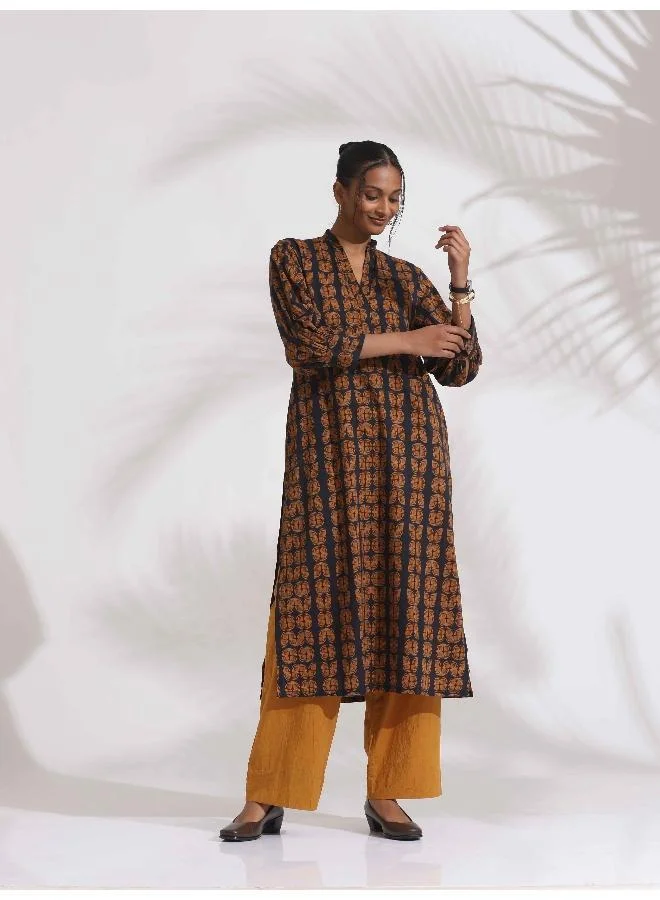 trueBrowns trueBrowns Black Cotton Print Straight Kurta Set
