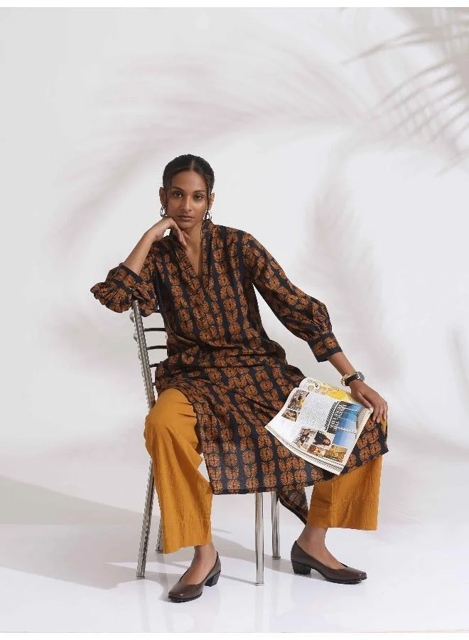 trueBrowns trueBrowns Black Cotton Print Straight Kurta Set