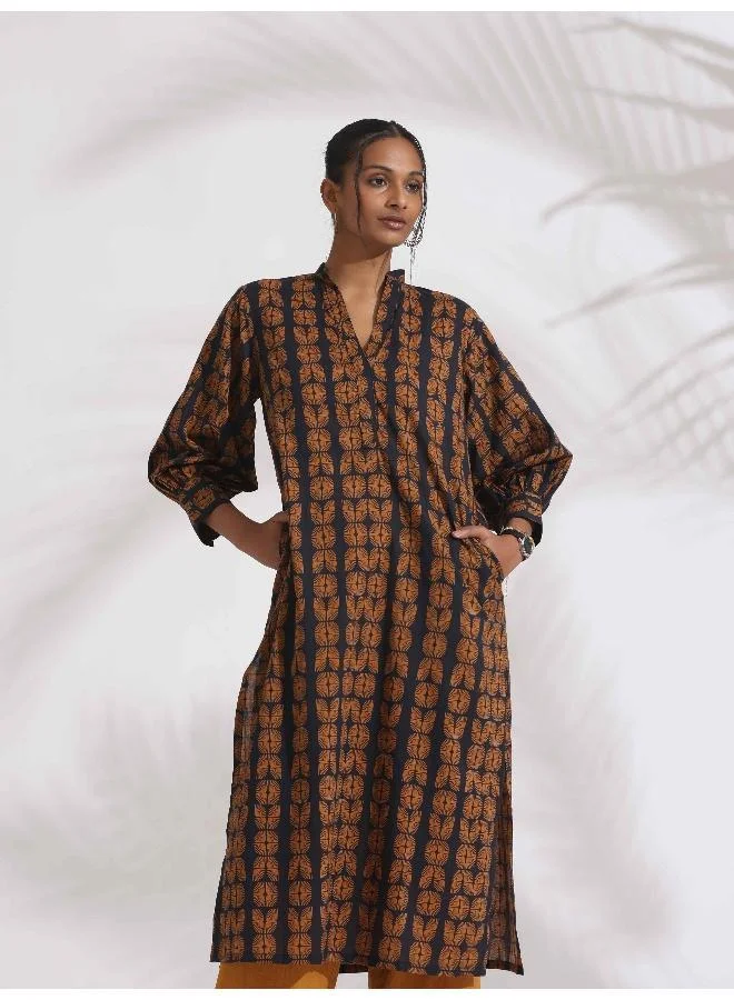 trueBrowns trueBrowns Black Cotton Print Straight Kurta Set