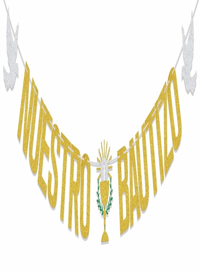 WFKLDF Nuestro Bautizo Banner Baptism Decorations First Holy Communion Banner Decorations Christening Party Decor Supplies Gold - Image 1