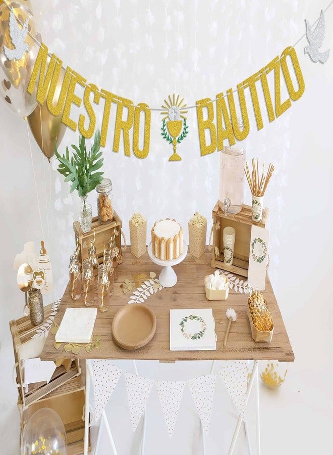 WFKLDF Nuestro Bautizo Banner Baptism Decorations First Holy Communion Banner Decorations Christening Party Decor Supplies Gold - Image 5